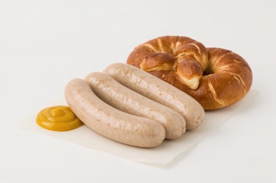 Traditional white sausages served with sweet mustard and a pretzel on a plain white backdrop