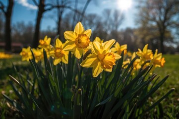Obraz premium Bright yellow daffodils blossoming outdoors in early spring