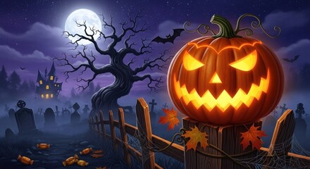 Spooky halloween pumpkin glowing in a graveyard under a full moon night
