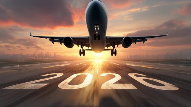 An airplane takes off into a colorful sunset as the year 2026 is marked on the runway, symbolizing the start of holiday festivities