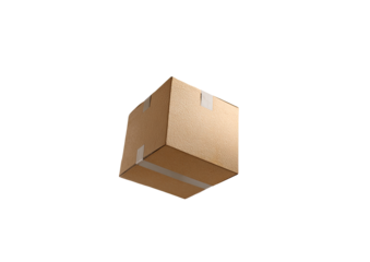 A light beige cardboard box, square and simple, floats against a dark background.  Taped seams are visible