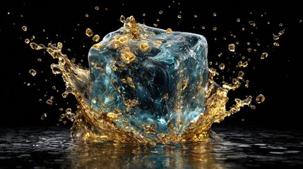 Ice cube shattering in golden liquid