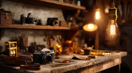 Vintage Camera Repair Shop Warm Lighting and Wooden Workbench
