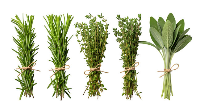 Collection of fresh herbs isolated on transparent background rosemary, thyme, and sage tied in bunches, perfect for culinary use and adding flavor to dishes