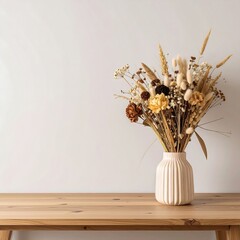 Dried flowers in vase on wooden table