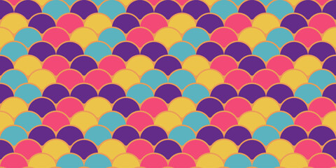 Vibrant, repeating pattern of colorful overlapping scales.  Ideal for textile design, website backgrounds, or playful branding.  This bold, geometric design evokes feelings of joy and energy.