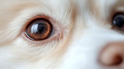 Close up macro shot of brown dog eye with white fur around, showing detailed iris texture and reflection. Veterinary or pet care concept.