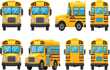 School bus, cartoon vehicle, yellow transport, front view, side view, rear view, educational asset, bus illustration, stop sign, transportation vector, kids travel, public vehicle, 
