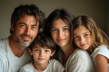 Obraz premium Close up portrait of happy family with two children smiling at camera. Parents with son and daughter showing genuine emotions in natural light setting.