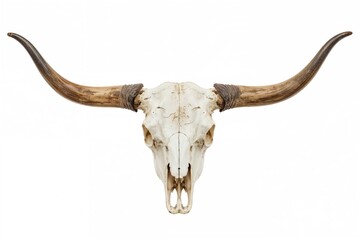 Isolated bovine skull featuring extended horns on a white backdrop