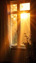 Golden hour sunlight streams through a window, illuminating dust motes dancing in the warm, lazy Sunday afternoon rays Perfect for relaxation, calm, and peaceful vibes , bokeh, bright