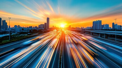 Obraz premium City highway light trails at sunset