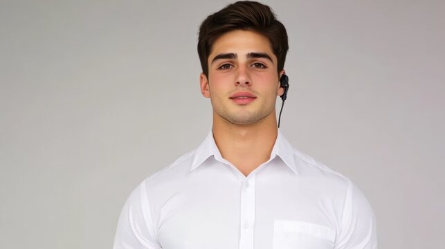 Man in headset white shirt on gray background