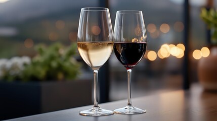 Two wine glasses, red and white wine on table against blurred evening city lights and mountain backdrop, romantic dinner setting with soft bokeh effect.