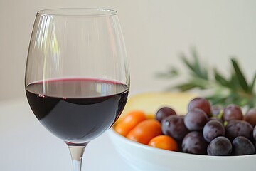 A full glass of red wine sits beside a bowl of grapes and tomatoes, showcasing a delightful pairing.