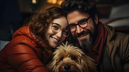 Young diverse couple with glasses embracing their Yorkshire Terrier puppy, sharing intimate moment. Warm lighting creates cozy atmosphere for lifestyle portrait.