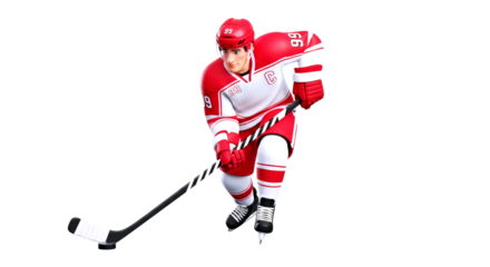 cartoon hockey player red uniform, dynamic action pose, ice hockey game asset, isolated on transparent background