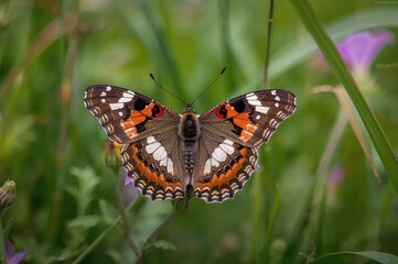 Obraz premium Vibrant butterfly design with flowers in a lush meadow during warm seasons