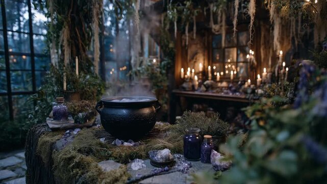 A mystical ritual table in an enchanted forest features a smoking iron cauldron, twisted roots, hanging moss, potion bottles, and dripping candles.