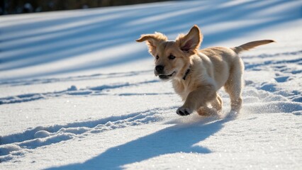 Playful Golden Retriever Puppy Running Through Snowy Field