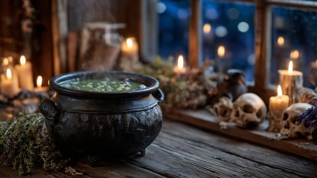 A mystical scene with a bubbling black cauldron emitting green smoke, surrounded by candles, herbs, feathers, and skulls under moonlight.
