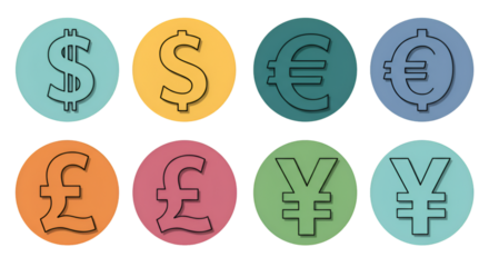 Global Currency Symbols on Colorful Circles