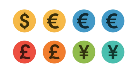 Colorful Currency Symbols on Black Background