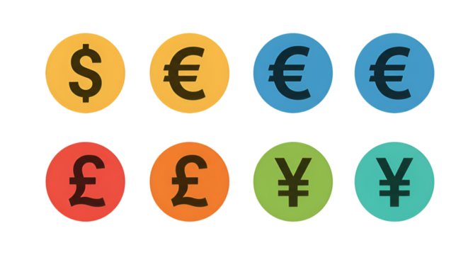Colorful Currency Symbols on Black Background