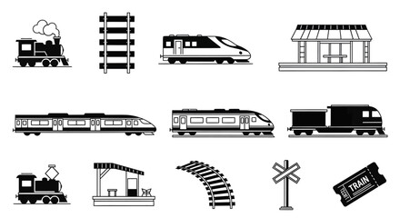 Collection of black and white train icons, including locomotives, train cars, tracks, stations, and tickets.