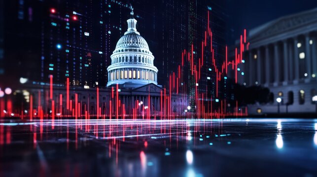 Digital data overlay on government building at night