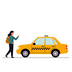 A woman with a backpack hails a yellow taxi cab on a white background. © denijulianto