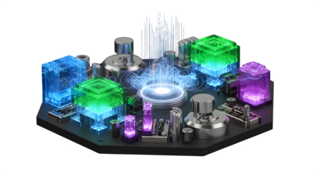 Abstract technology concept with glowing cubes and circuits isolated on transparent background futuristic innovation, artificial intelligence, and quantum computing