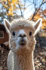 Obraz premium Close up portrait of white alpaca with fluffy fur looking directly at camera against autumn background with golden bokeh lights and blurred trees.