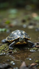 Fototapeta premium A Small Turtle Taking a Slow and Steady Journey Down a Forest Path