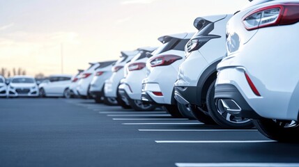 White cars parked in a row at outdoor dealership