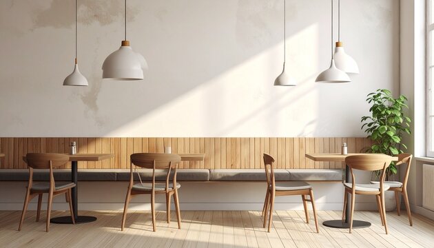 Modern cafe interior with wooden furniture, bench seating, pendant lights, and natural light streaming through a window.