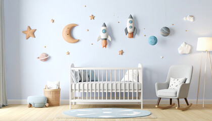 Cozy baby nursery with space themed wall decor and crib