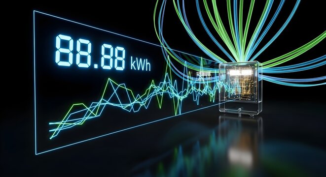 Energy consumption data visualization with battery and digital display isolated on black background, illustrating power usage and efficiency