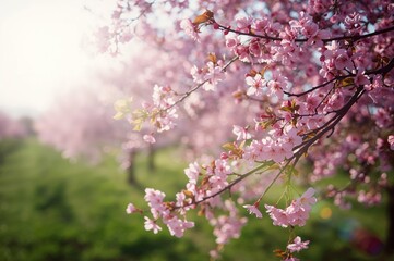 Fototapeta premium Floral spring frame featuring pink blossoms and sunlight