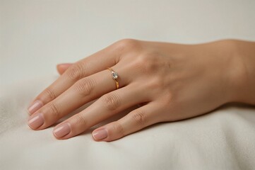 Out-of-focus wedding band worn on hand, representing commitment and affection