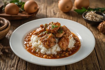 Cooked rice accompanied by rabbit and gravy on a dish