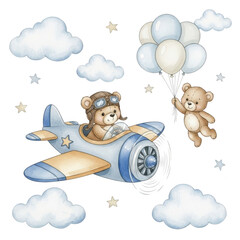 Cute teddy bears flying in a plane with balloons isolated on transparent background