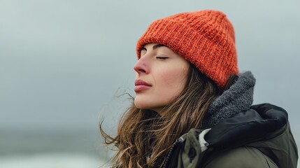 Portrait of young woman by the sea in knitted hat and winter jacket, eyes closed practicing mindful breathing, calm expression, serene moment of inner peace, relaxation and mindfulness