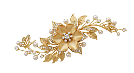 Exquisite Gold Floral Brooch with Pearls and Butterflies