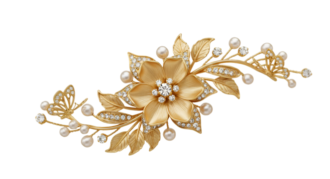 Exquisite Gold Floral Brooch with Pearls and Butterflies