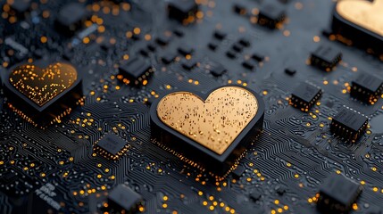 Golden heart shapes on dark circuit board with electronic components and microchips, representing digital love and technology connection concept.