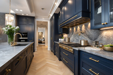 Luxurious navy blue kitchen showcases marble countertops, gold accents, and a professional range, perfect for modern home design inspiration.