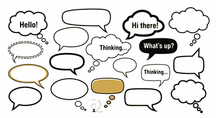 A collection of various speech bubbles and thought balloons, some with text inside, in black, white, and gold colors, arranged on a white background.
