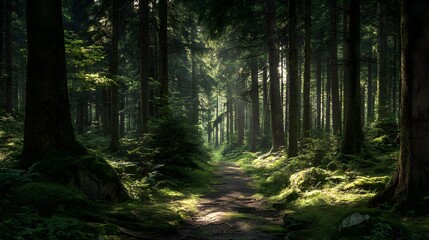 Obraz premium A sunlit path winds through a dense, mysterious forest, bathed in soft, dappled light, showcasing the rich green hues and dark shadows of the trees.