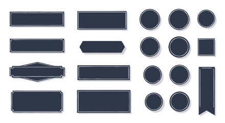 Collection of dark blue vintage style buttons and labels in various shapes, including rectangles, circles, squares, and ribbons, with subtle textures.